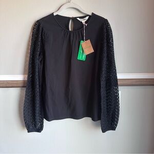 Boden Black Crew Neck Lace Sleeve Top